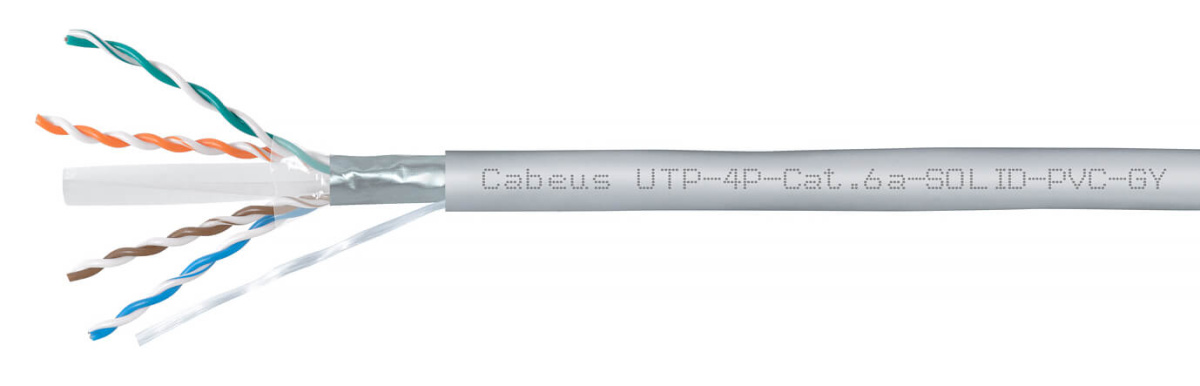 Cabeus UTP-4P-Cat.6a-SOLID-PVC-GY-100 Кабель витая пара UTP (U/UTP), категория 6A, 4 пары (23 AWG), одножильный, PVC нг(А)-LS, серый (100 м)