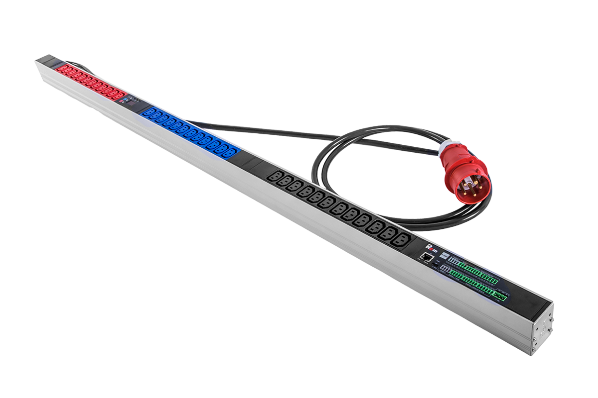 Верт блок розеток Rem-2MC, монит, измер, 3×16A, 36C13, 1420мм, шнур 3м IEC309, R-2MC3-3x16-36C13-MI-1420-3-3PN