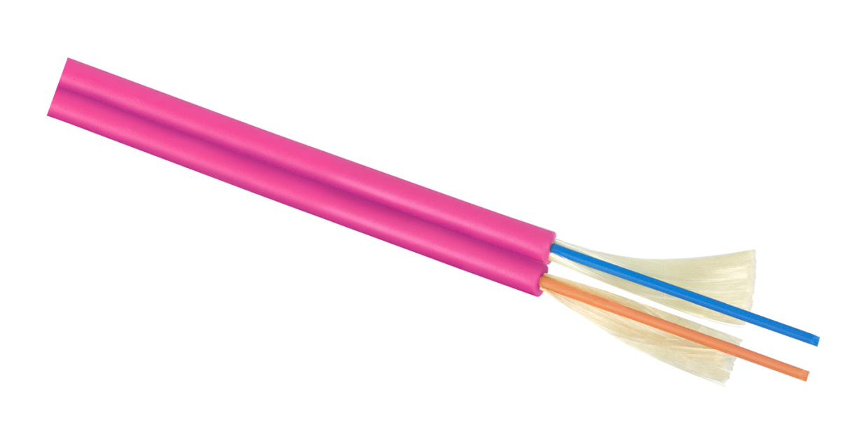 Cabeus TB-ZIP-7-02T-LSZH-IN-25 Кабель волоконно-оптический 50/125 (OM4) многомодовый, 2 волокна, плотное буферное покрытие (tight buffer), zip cord, для внутренней прокладки ( -25C ~ +50), LSZH, маджента RAL 4010