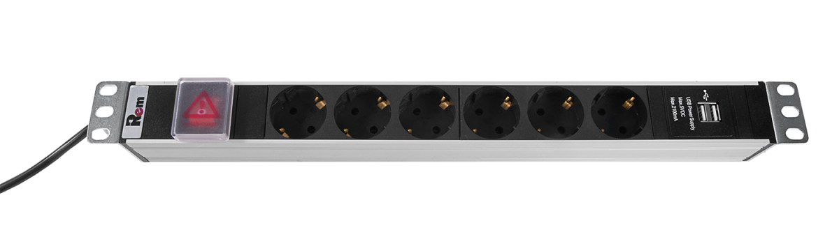 Гор блок розеток Rem-16, 1×16, выкл, USB-порт, 6S, 19", шнур 3м, R-16-6S-V-U-440-3