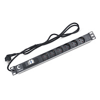 Cabeus (PDU-6P-B-2EU) Блок евророзеток для 19" шкафов, горизонтальный, 6 розеток, автоматический выключатель 16 A , шнур 2м, алюминиевый корпус, немецкий стандарт