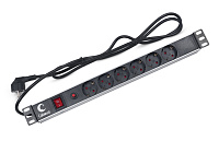 Cabeus (PDU-6P-F-2EU) Блок евророзеток для 19" шкафов, горизонтальный, 6 розеток, фильтр, 16 A, выключатель, шнур 2м, алюминиевый корпус, немецкий стандарт