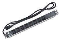 Cabeus (PDU-8I-2IEC) Блок розеток для 19" шкафов, горизонтальный, 8 розеток IEC 320, 10 A, без выключателя, алюминиевый корпус, шнур 2 м, вилка IEC 320