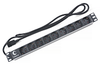 Cabeus (PDU-9P-2IEC) Блок евророзеток для 19" шкафов, горизонтальный, 9 розеток, 10 A, без выключателя, алюминиевый корпус, шнур 2 м, вилка IEC 320 C14